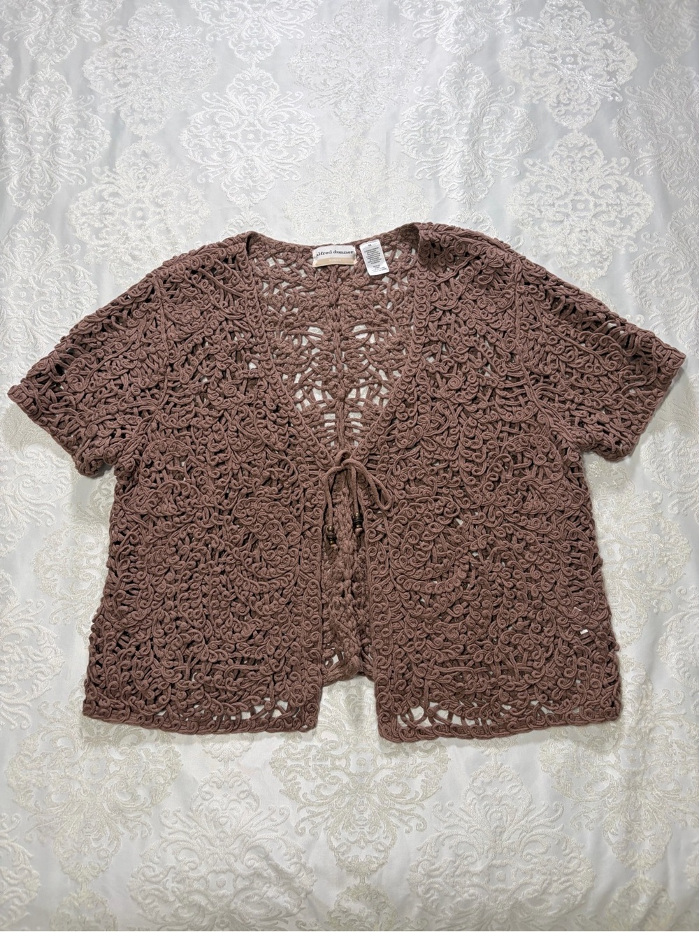 Alfred Dunner Brown Crochet Open Knit Short Sleeve Tie Cardigan Size 1X